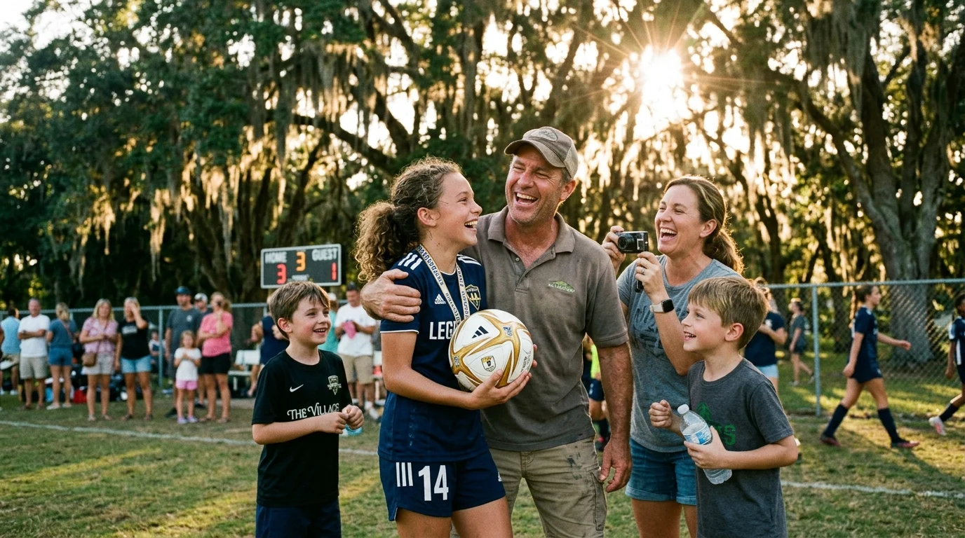A family celebrating together on a sports field with Project Legacy