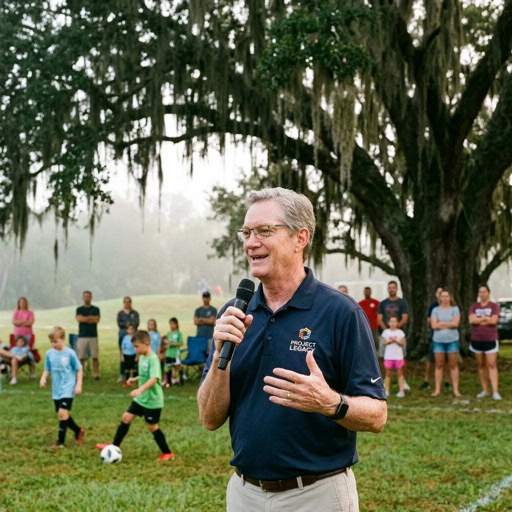 A Project Legacy representative speaking to the community at a sports event